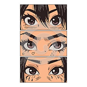 Asian eyes look. Cartoon japanese anime woman characters manga style, trendy comic frames with female close up faces