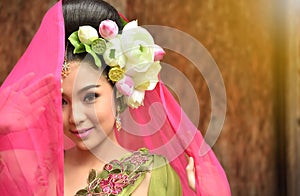 Asian fairy goddess adorned with lotus flowers, she was smiling