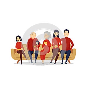 An Asian family enjoys a reunion on New Years Eve, sitting on the couch. Vector cartoon illustration