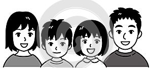 Asian family, parents and children, vector illustration, black and white