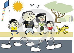 Asian family in park cartoon