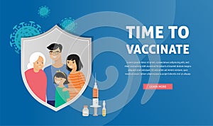 Asian Family Vaccination concept design. Time to vaccinate banner - syringe with vaccine for COVID-19, flu or influenza