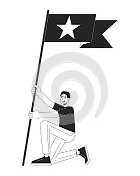 Asian fan boy holding flag with star flat line black white vector character