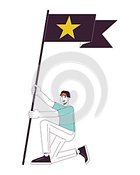 Asian fan boy holding flag with star flat line color vector character