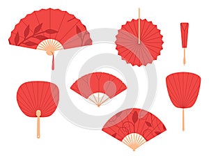 Asian fans. Red hand traditional fan set
