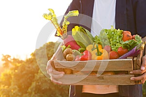 Asian farmer carry full basket of organic product