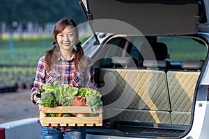 Asian farmer is delivering freshly harvest of organics vegetable box into the customer trunk car for supporting local business