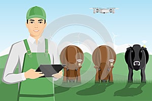 Asian farmer with digital tablet and drone
