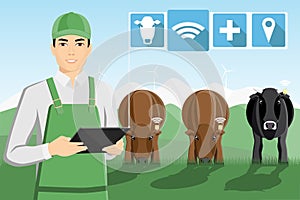 Asian farmer with digital tablet on a pasture.