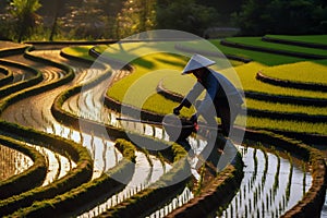 Asian farmer growing rice.