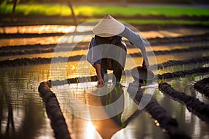 Asian farmer growing rice.