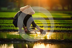 Asian farmer growing rice.