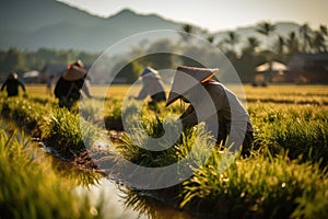Asian farmer harvests in rice field, inspect and verifies agricultural innovation and cultivation concepts.by Generative