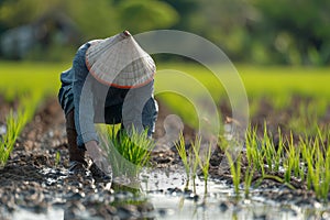 Asian farmer planting rice. Generate ai