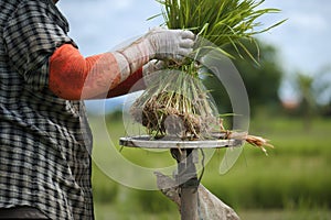 Asian farmers withdraw seedlings to grow rice in rainy season It is a way of life in the countryside.