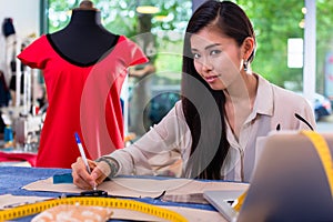 Asian fashion designer preparing drafts for cut-outs photo