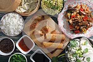 Asian fast food background spring rolls and dumpling