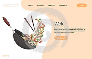 Asian fast food vector cartoon landing page design. Chinese noodles in wok pan, bell pepper, peas, carrot