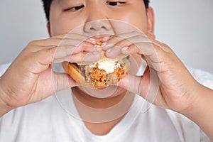 Asian fat boy eats hamburger Wear a white shirt.