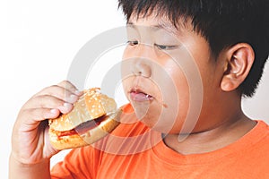 Asian fat boy eats hamburgers.