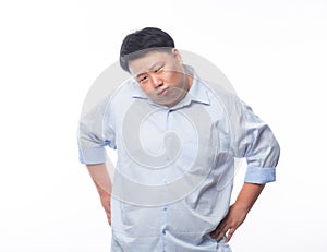 Asian Fat Man in blue shirt looking to camera with doubts face isolated on white background.