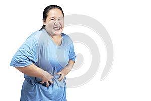 Asian fat overweight woman feeling stomach ache