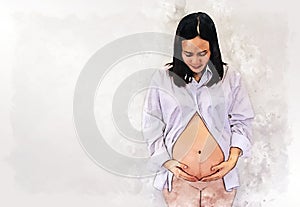 Asian female belly on sofa in house on watercolor illustration painting background.