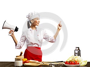 Asian female chef holding a megaphone