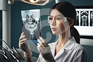 Asian female dentist examining dental x-ray in laboratory