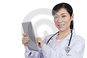 Asian female doctor holding a tablet