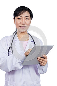 Asian female doctor holding a tablet