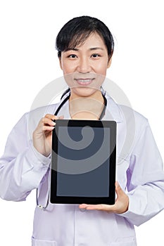 Asian female doctor holding a tablet