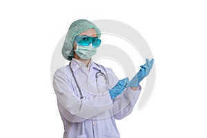 Asian female doctor wearing chemical protective gloves for working safety, Healthcare and Medical concept