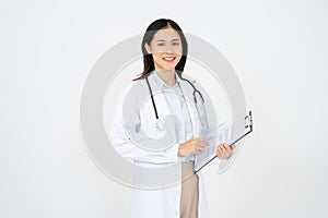 Asian female doctor woman in white medical gown hold clipboard isolated on white background