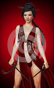 Asian female, fighter posing with sai weapons in costume with a red gradient background . photo