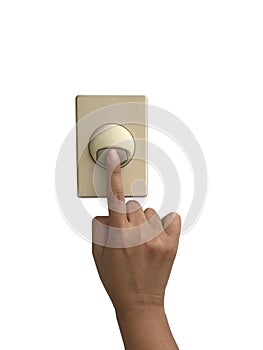 Asian female hand pressing doorbell button, isolated on white background