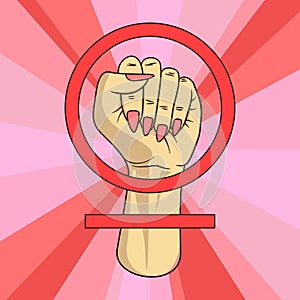 Asian female hand raised into air with fist and pink nails on finger. Protest symbol and equality for feminists. Feminism icon