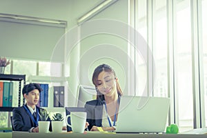 Female Operator is answering the phone for customer service sale and business consultant in a support office