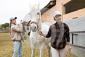 Asian female stable owner holding racehorse by bridle outdoor while girl putting saddle