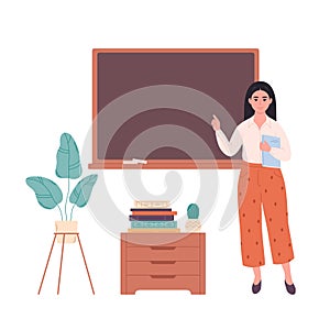Asian female teacher at classroom near blackboard. Education, lecture and lesson at school. Vector illustration in flat