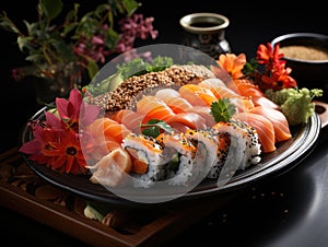 Asian Fish Food Sushi on a Black Plate on a Dark Background extreme closeup. Generative AI