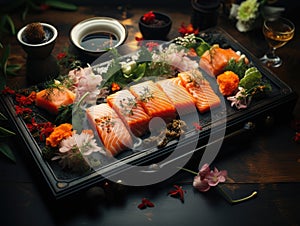 Asian Fish Food Sushi on a Black Plate on a Dark Background extreme closeup. Generative AI