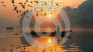 Asian fisherman fishing on boat surrounded by birds in tranquil lake scene at dawn