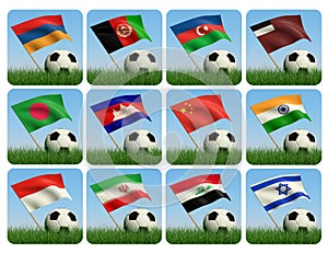 Asian flags and ball on grass. 3d