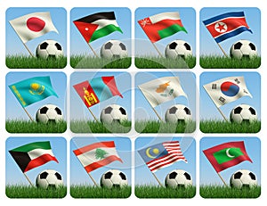 Asian flags and ball on grass. 3d photo