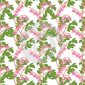 Asian floral pattern background with bleeding heart, heart shaped pink and white flower, lyre flower, heart flower.