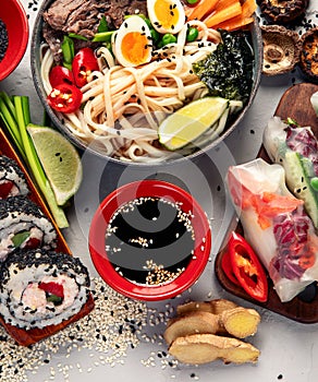 Asian food background with various ingredients