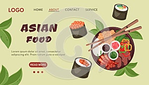Asian food banner. Traditional oriental dish closeup with nigiri sushi, rice, meat, chilli pepper, soya beans, chopsticks, sauce,