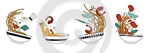 Asian food bowls. Doodle falling noodles sea food slices and sauces in bawls, Chinese Japanese and Korean traditional