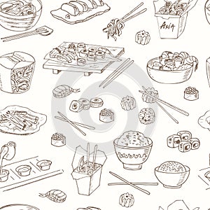 Asian Food. Decorative chinese food icons seamless pattern.